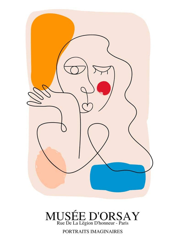 Abstract Picasso-style line portrait with colorful shapes, Musée d'Orsay text below, for Poster Prints.