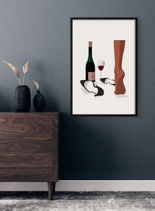 Minimalist poster featuring a wine bottle, glass, high heels, and legs against a plain background.