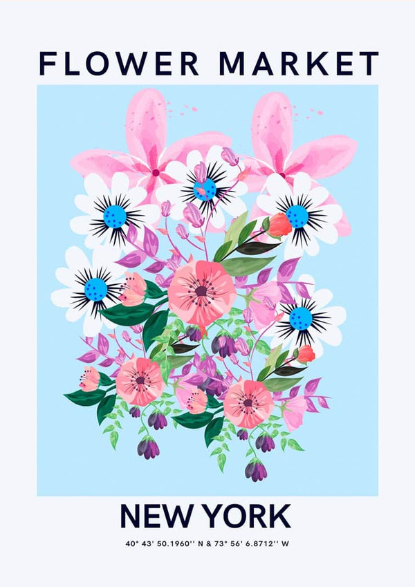 Colorful bouquet of pink, white, and purple flowers on a blue background with "Flower Market New York" text.