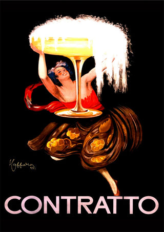 Vintage Contratto poster featuring a dancing woman holding an oversized champagne glass with bubbles.