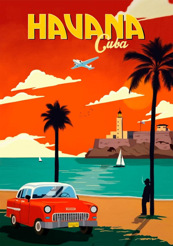Vintage-style poster of Havana featuring a classic car, palm trees, ocean, lighthouse, plane and sunset sky.