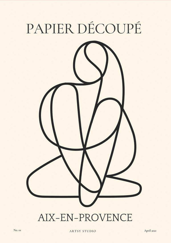 Minimalist line art of an abstract figure, labeled "Papier Découpé No. 01," ideal for living room décor.