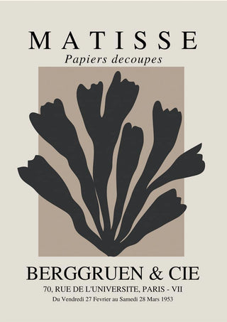 Black Papier Decoupe poster featuring abstract black cut-out shapes on a beige background, inspired by Matisse.
