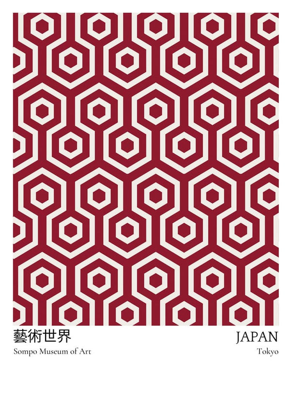 Red geometric hexagon pattern, "SOMPO Museum of Art," and "Japan, Tokyo" text on exhibition plakat.