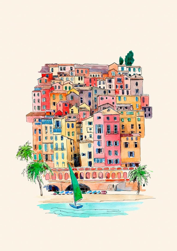 Colorful illustration of Venice buildings by the water with a sailboat and palm trees in the foreground.