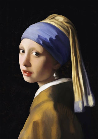 Poster of Johannes Vermeer's "Girl With the Pearl Earring" featuring a girl in a blue headscarf and pearl earring.