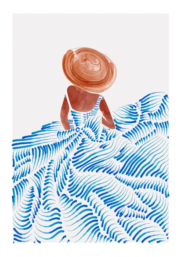 Abstract art of a woman in a summer dress and hat with flowing blue patterns, featured on a decorative poster.