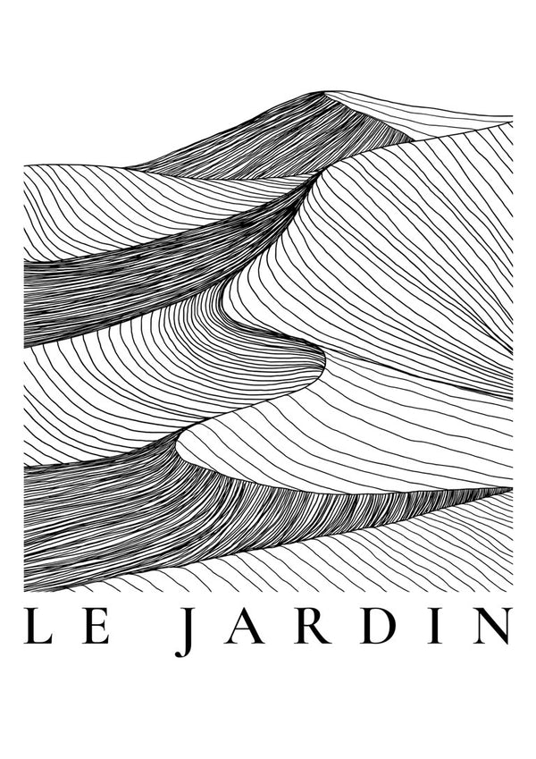 Abstract black line art of sand dunes with "LE JARDIN" text, featured on the Le Jardin Black Plakat product page.