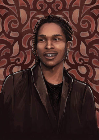 Digital artwork of Asap Rocky in a dark jacket, with an ornate maroon patterned background.