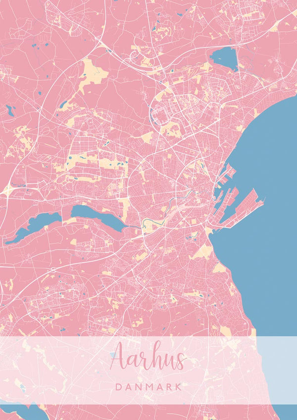 Pink and cream illustrated map poster of Aarhus, Denmark with city name at the bottom.