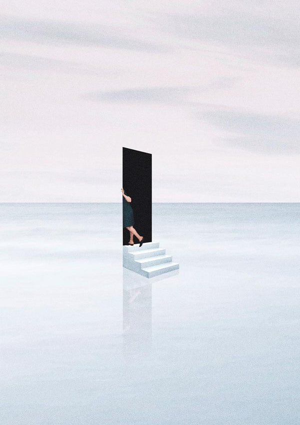A surreal artwork of a figure entering a door atop stairs, set in a vast, reflective landscape. Escapism by Maarten Léon.