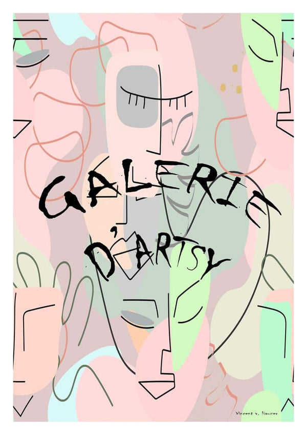 Abstract pastel artwork with outlined faces, "Galerie D'Artsy" text, by Vincent von Hauzer for Eyes Wide Shut.