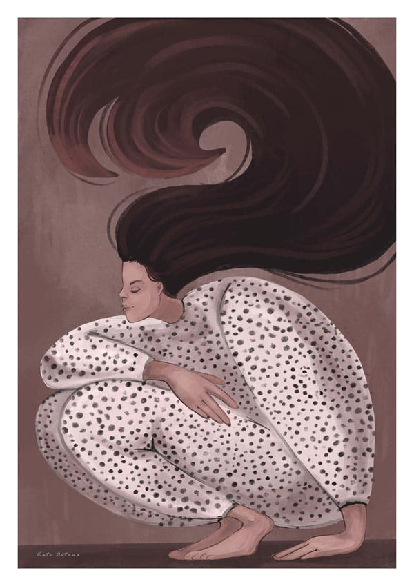 Illustration of a woman in a spotted suit, crouching with long flowing hair, from My Hair is Love - Kate Aitana Plakat.
