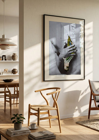 Duermen los volátiles by Rocio Montoya in a black frame in a bright dining room with wooden chairs