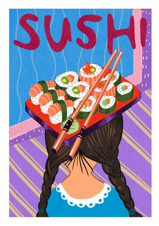 Illustration of a girl with braids balancing a sushi tray on her head, from På Hovedet Sushi - Nina Broen.