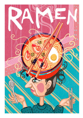 Illustration of a woman balancing a ramen bowl on her head, holding chopsticks and a spoon, with "RAMEN" text above.
