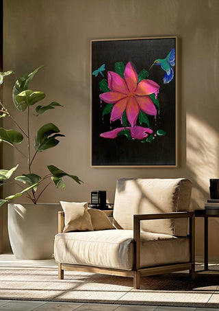 Flora e Fauna by KG Studio framed above a beige armchair beside a potted plant