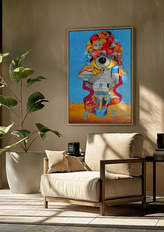 Allegorie schizophrener Psychosen - "Trampelismus" by wodeoldau framed above a beige armchair beside a potted plant