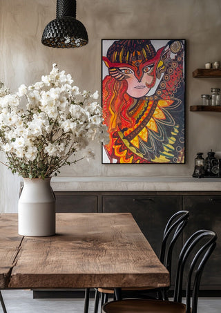 The Eagles by ALEX in a black frame above a rustic table with white flowers