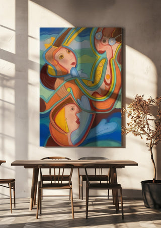 Three pilots by Gerard Ceulemans hanging above a wooden dining table in warm sunlight