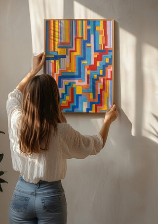 Up the steps by Gerard Ceulemans being hung on a sunlit wall