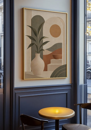 Bohemian Botanical Harmony – Terracotta & Sage Green by TimlessArtworks in an oak frame on a panelled café wall