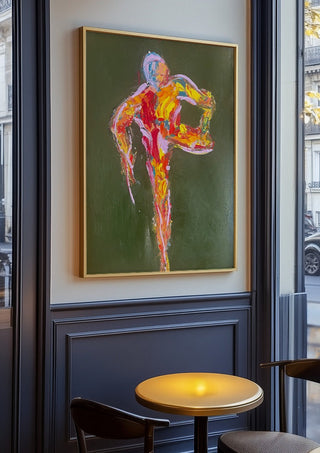Figure in Motion by René J in an oak frame on a panelled café wall