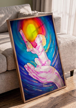 Cosmic Visions 2 by Walter Zettl in a walnut frame leaning against a grey sofa