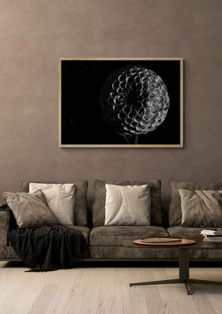 Lunar Bloom by Guido Lucker in a light wood frame above a grey sofa with cushions