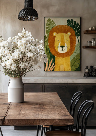 Jungle Lion by Decker Studios in a black frame above a rustic table with white flowers