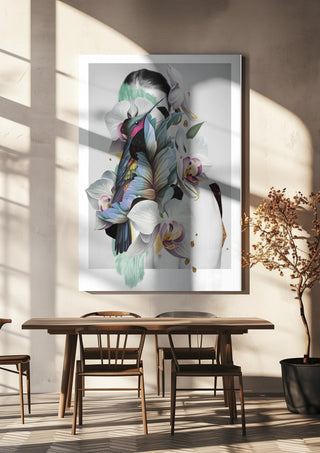 Blue Nostalgia by Rocio Montoya hanging above a wooden dining table in warm sunlight