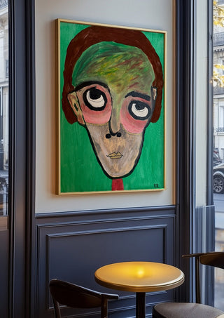 Hjärnspöken by RR in an oak frame on a panelled café wall