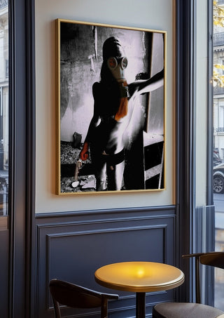 Beauty The Beast by Pelecan Schneider in an oak frame on a panelled café wall