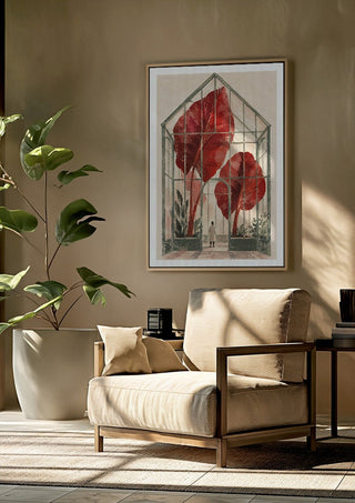 The Red Conservatory by Matthews Gallerie framed above a beige armchair beside a potted plant