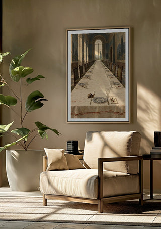 The Snail Arrives Early by Matthews Gallerie framed above a beige armchair beside a potted plant