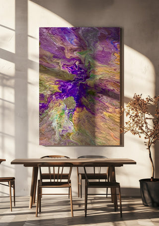 Violet Drift by Da Winters hanging above a wooden dining table in warm sunlight