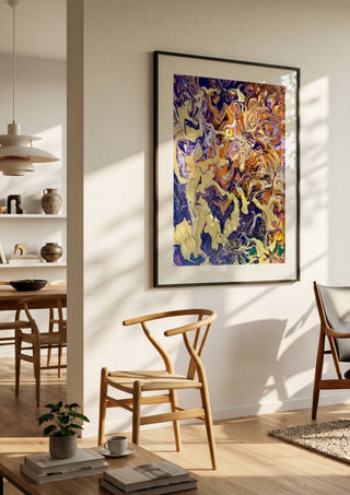Cream and Amethyst by Da Winters in a black frame in a bright dining room with wooden chairs