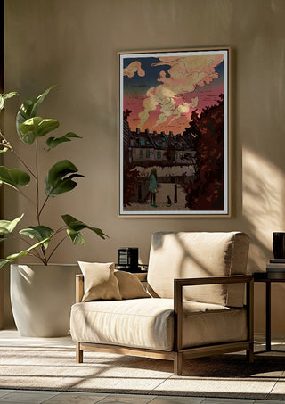 Evening walk by Nina Broen framed above a beige armchair beside a potted plant