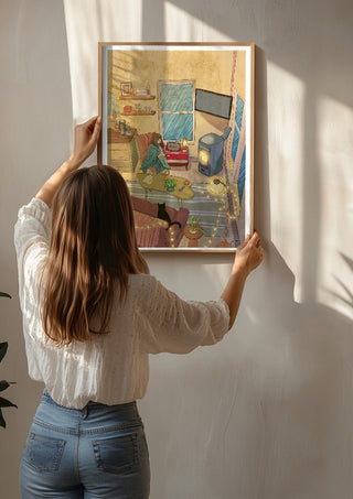 Evening by Nina Broen being hung on a sunlit wall