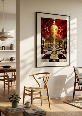 Golden temple by RA in a black frame in a bright dining room with wooden chairs