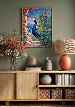 Azure Majesty by RA above a wooden sideboard on a sage green wall