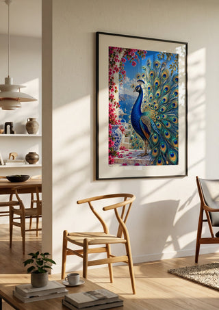 Azure Majesty by RA in a black frame in a bright dining room with wooden chairs