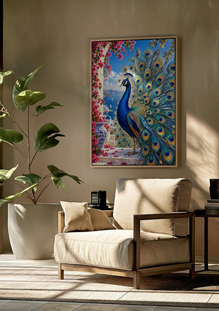 Azure Majesty by RA framed above a beige armchair beside a potted plant