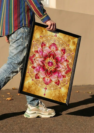 Flower of life by RA carried in a black frame along a sunny street