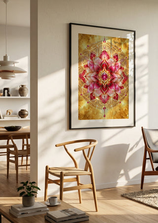 Flower of life by RA in a black frame in a bright dining room with wooden chairs