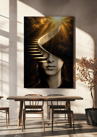 The Ascending Mind by RA hanging above a wooden dining table in warm sunlight