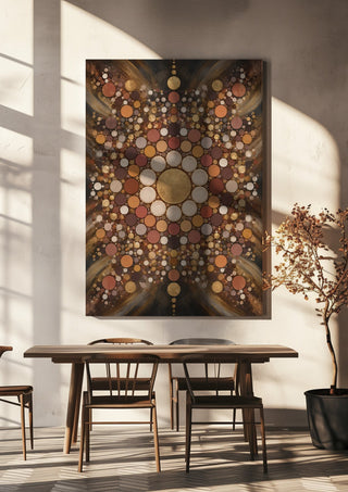 Dark mandala by RA hanging above a wooden dining table in warm sunlight