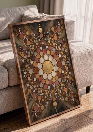 Dark mandala by RA in a walnut frame leaning against a grey sofa