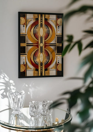Abstract by RA in a black frame above a glass table with crystal glassware