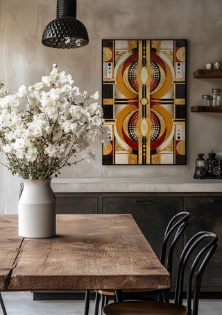 Abstract by RA in a black frame above a rustic table with white flowers